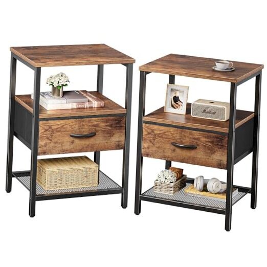 Rustic Brown Nightstand Set with Fabric Drawer and Mesh Shelf - 2 Piece-image