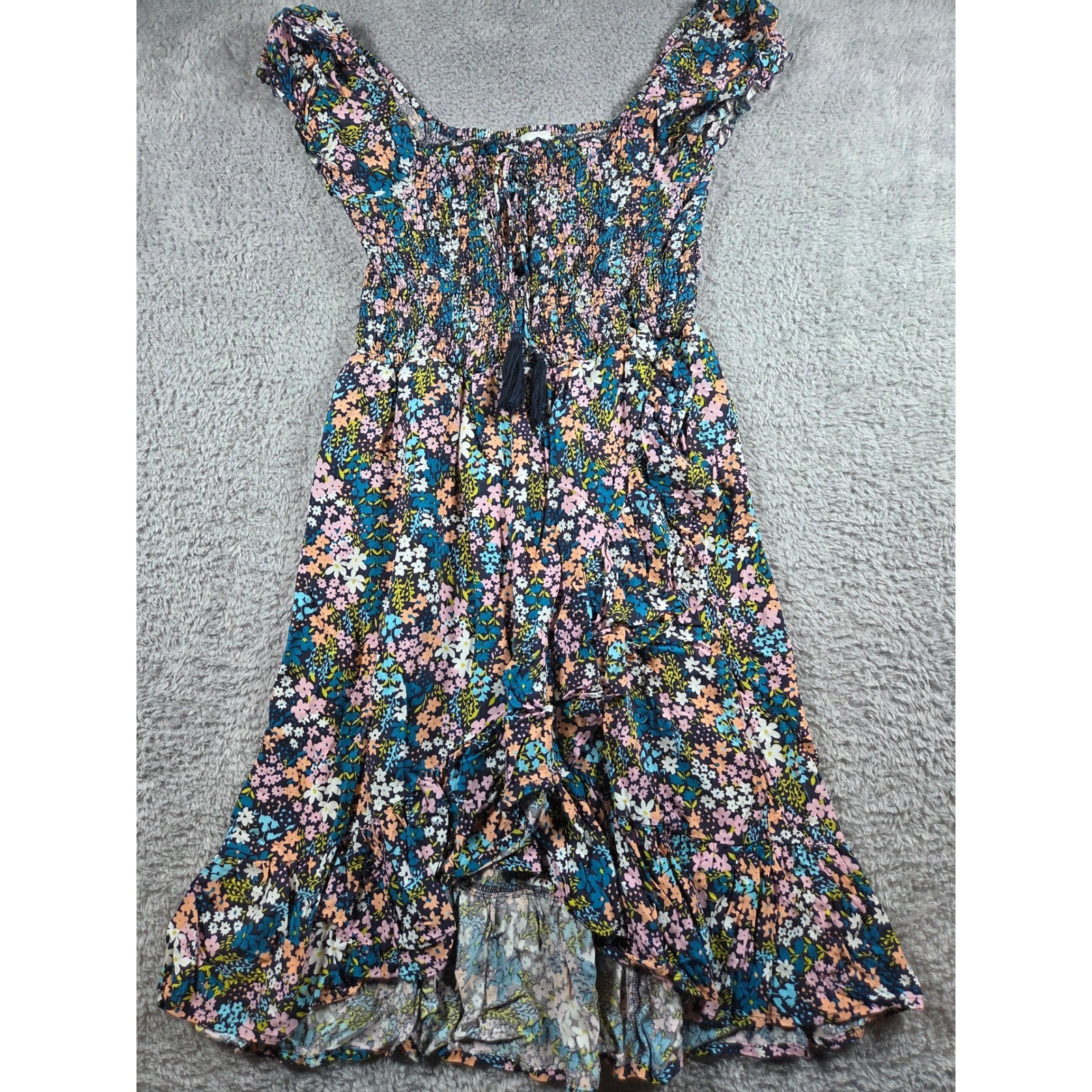 Marga Rivie Smocked Floral Dress S Multicolor Womens Boho High Low Ruffle Hem