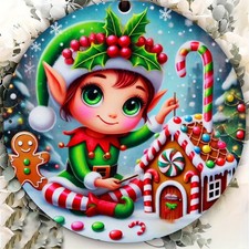 Christmas Elf with Gingerbread House Wreath Tin Metal Signs Home D cor 8x8 Round