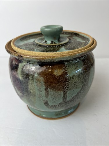 Barattolo biscotti in ceramica gettato a mano con coperchio firmato smalto blu a goccia 6"