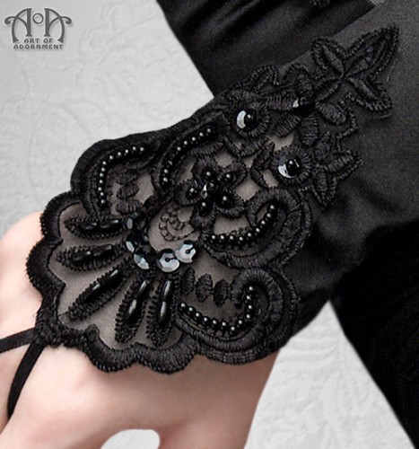 Gothic Black FINGERLESS SATIN PROM GLOVES Elbow Length Beaded Lace Gathered Long - Picture 2 of 3