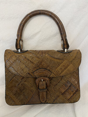 Original Vintage 70s Small Khaki Brown Croc Patchwork Top