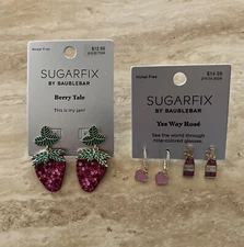 3 Pair Earring Lot Sugarfix By Baublebar Strawberry Dangle Rose Heart Duo