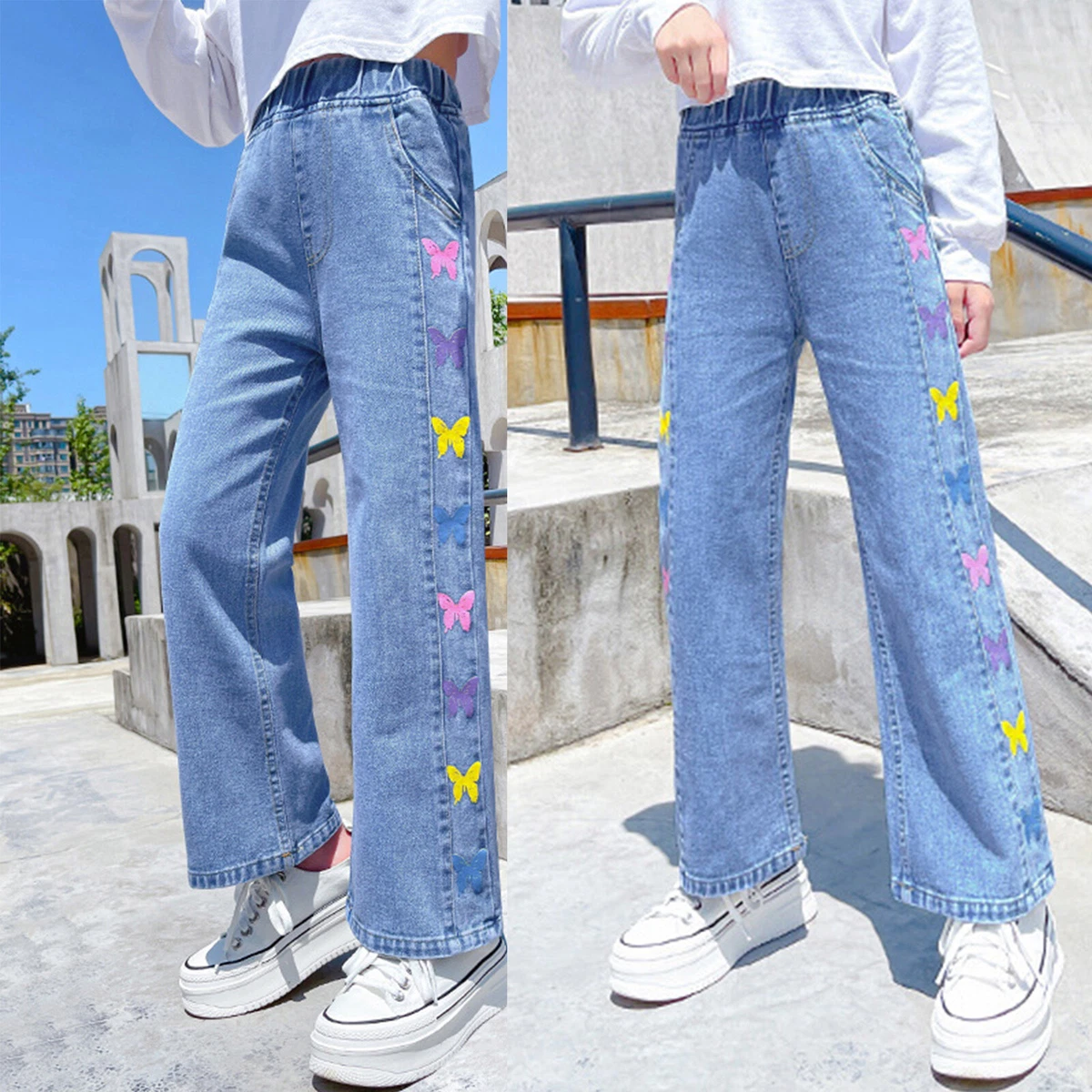 Kids Girls Butterflies Print Jeans Wide Leg Denim Pants Casual Trouser  Clothing