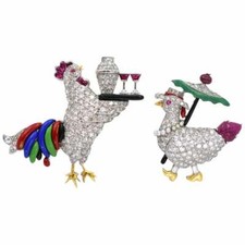 9.68CT Pave-Set Simulated Ruby, Emerald & CZ Funky Roosters Brooch In 935 Silver