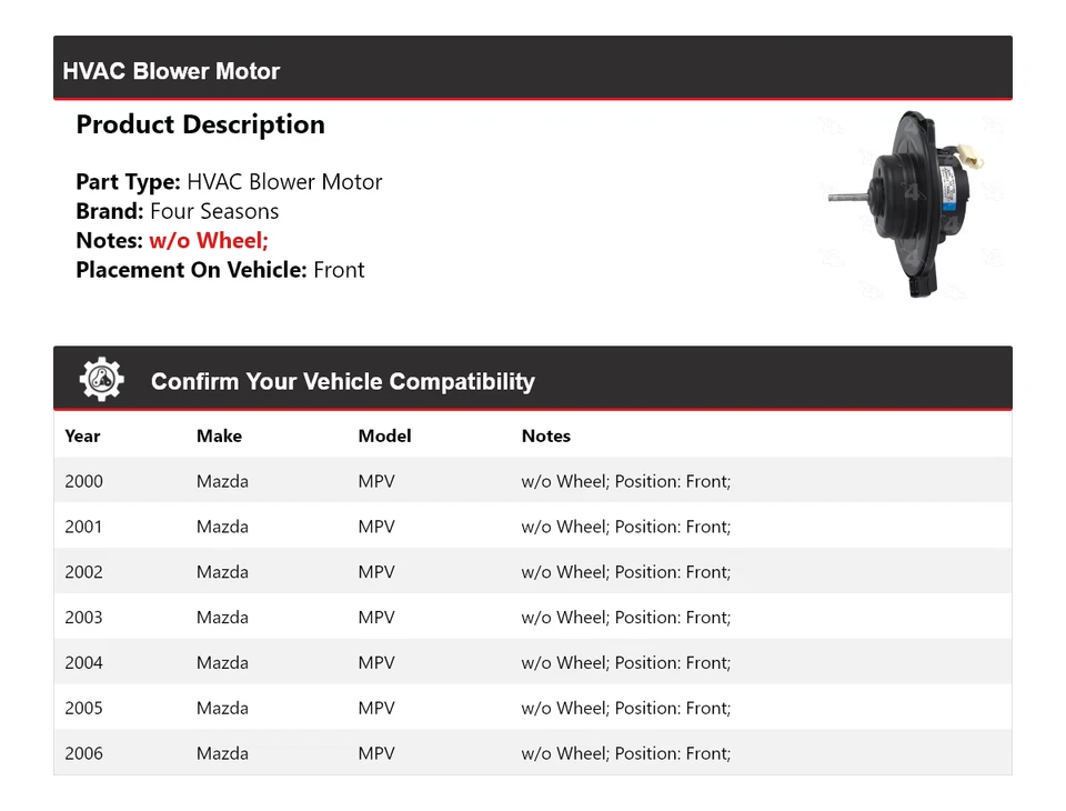 Motor de ventilador dianteiro Mazda MPV HVAC 2000-2006 4 estações 2001 2002 2003 2004 - Imagem 2 de 4