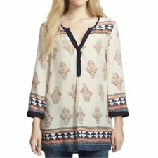 Lucky Brand Women’s Boho Tinsley Tunic Woven Top Cream Anstract Print Sz M, EUC