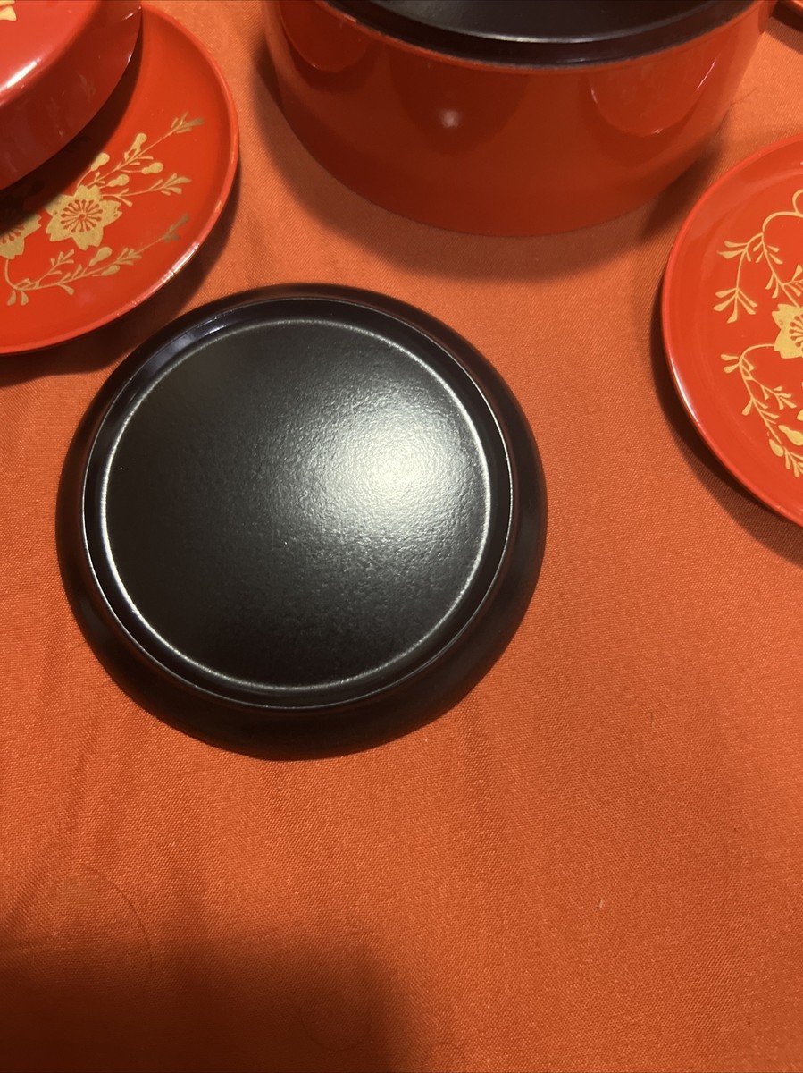 コレクションの壺、西洋風 Vintage Japanese Lacquerware Coaster Set Cinnabar Color With