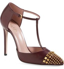Gucci Coline Pumps Studded T-Strap Burgundy Heels Mary Jane Heels 39 Shoes