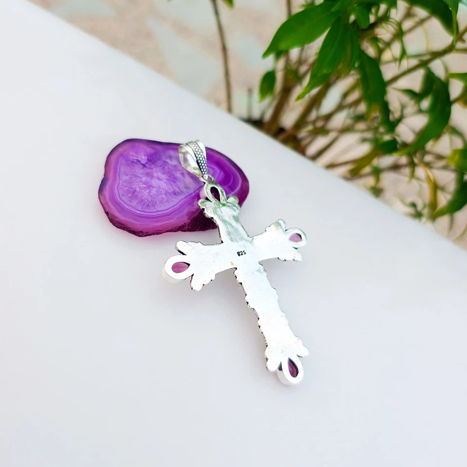 Amethyst Cross Pendant 925 Sterling Silver Handmade Gemstone Jewelry 2.83" - Image 3 of 4