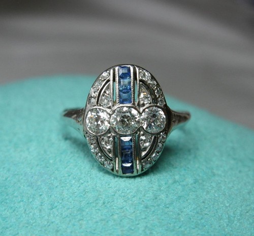 Art Déco Zaffiro Omc Anello Diamante Matrimonio Fidanzamento 14K Oro Bianco - Foto 6 di 12