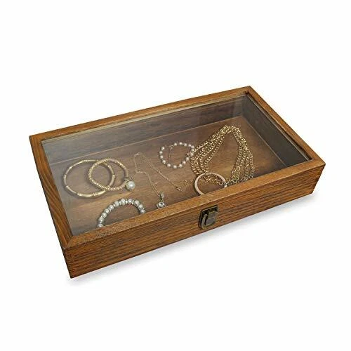 MOOCA Wood Glass Top Jewelry Display Case Accessories Storage, Wooden Jewelry