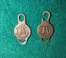 Lot of 2 VINTAGE ACADEMY BROADWAY BAG TAGS Metal