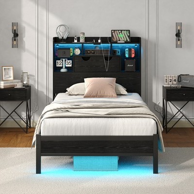 Twin Size Bed Frame with LED Charging Station & Lights, Metal Platform Bed Frame
