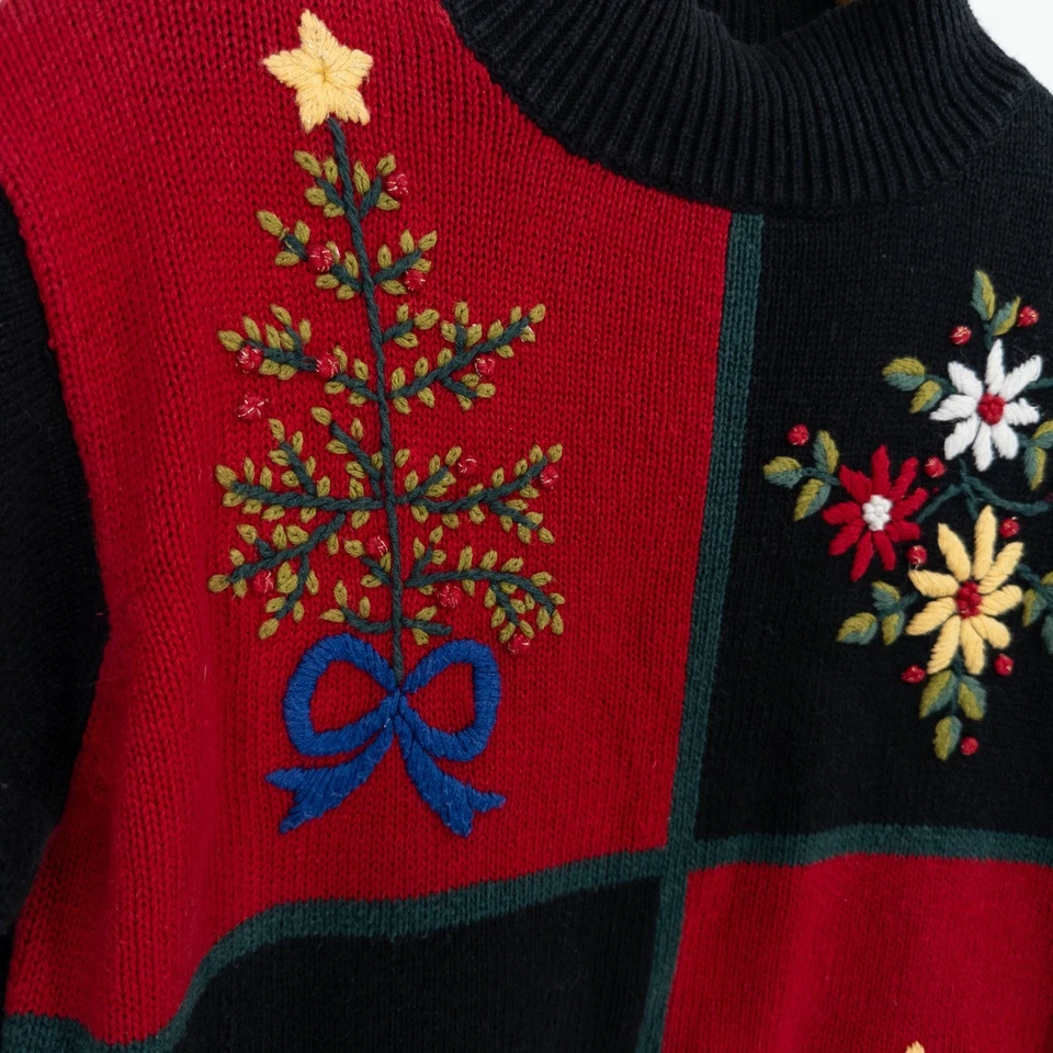 Vintage Christmas Holiday Sweater Womens M Embroidered Ramie 90s Granny Cottage - Image 3 of 4