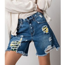 New Free People WTF Distressed Patched Denim Shorts 128 SIZE 25 Blue/Yellow