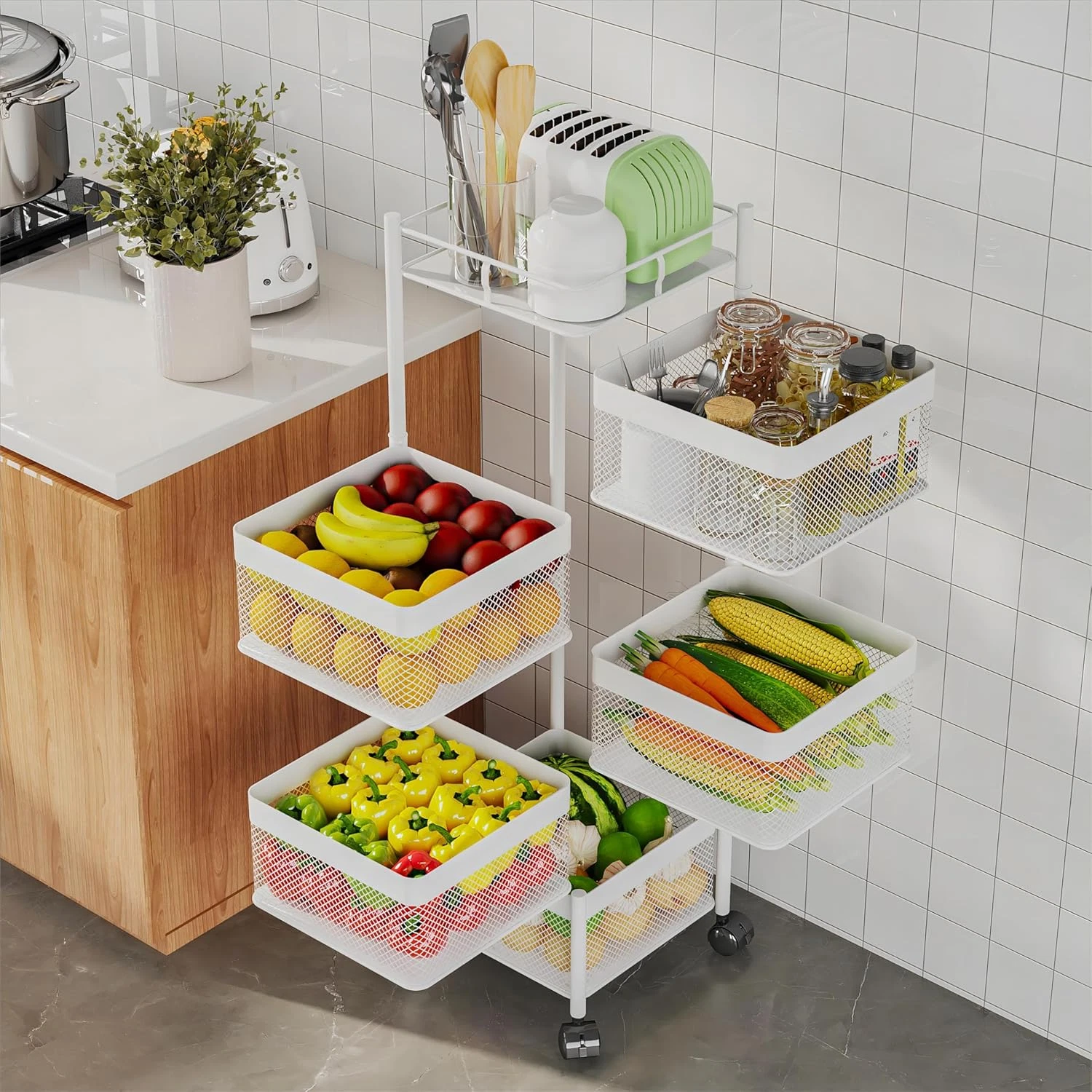 5-Tier Rotating Fruit Basket with Wheels - No Assembly Kitchen Organizer