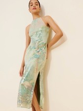 BHLDN Paulina Halter Printed Sequin Midi Dress Green Heron Bird Print sz Medium