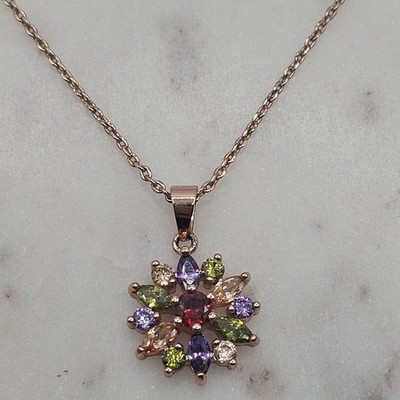 Bamoer Necklace Rose Gold Colorful Crystal Flower Pendant Women Jewelry Gift