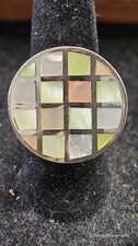 Unique Sterling Silver 925 Round Mother of Pearl Inlay Curved Ring - Sz 6