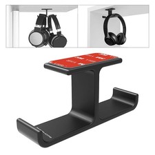 Black Aluminum Dual Headphone Hanger Stand Under Desk Adhesive Hook Mount