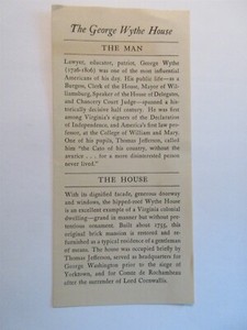 1955 Williamsburg, VA The George Wythe House brochure