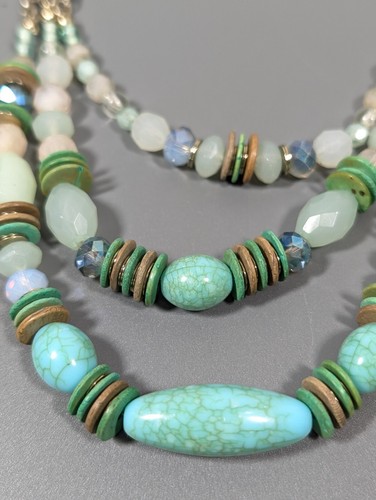 Beachy Coastal Blue Green Beaded Faux Turquoise Layered Cord Necklace 22 in - Picture 3 of 9