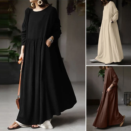Womens Long Sleeve Solid Cotton Casual Loose Tunic Kaftan Baggy Maxi Shirt Dress