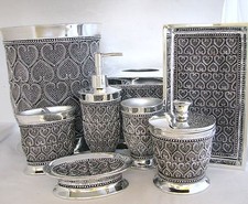 8 PC SET SILVER RESIN HEART SOAP DISPENSER+DISH+TOOTHBRUSH+TUMBLER+TRAY+3 MORE