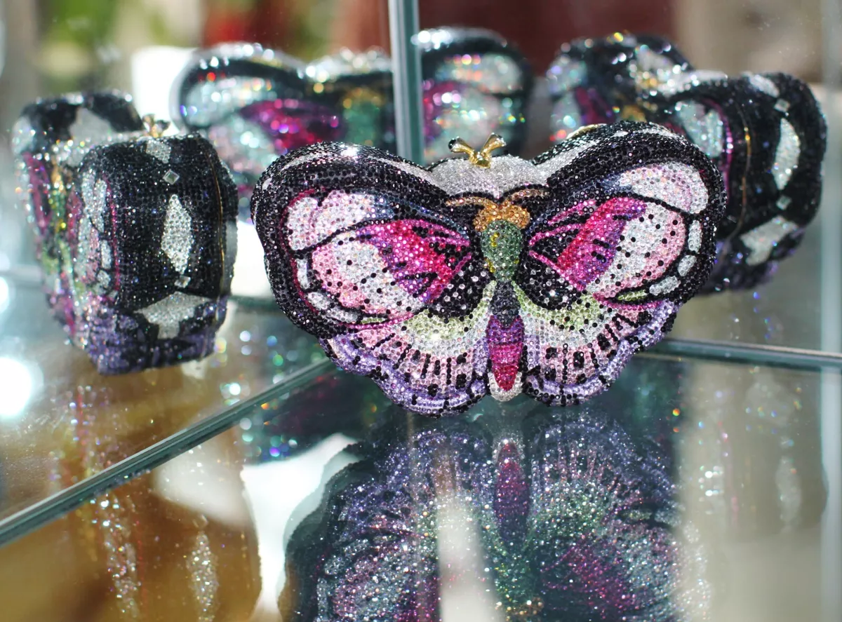 JUDITH LEIBER SWAROVSKI CRYSTAL PINK BLACK BUTTERFLY BAG