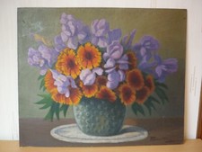 TABLEAU ANCIEN HUILE SUR PANNEAU NATURE MORTE VASE ET FLEURS SIGNE