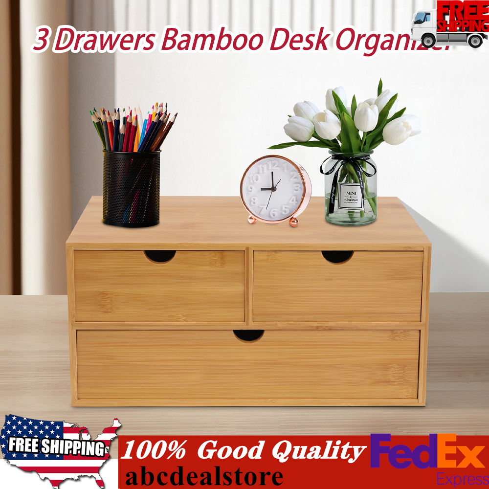 Natural Bamboo Desk Organizer with 3 Drawers for Office or Home Workspace