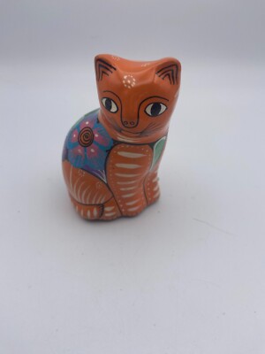 Talavara Orange Painted Mexican Cat 3 1/2 Inches