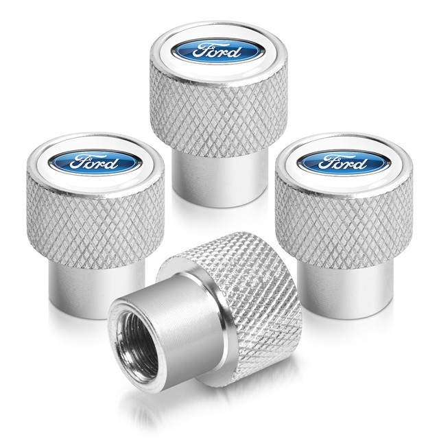 Ford Logo in White on Silver Chrome Aluminum Tire Valve Stem Caps eBay