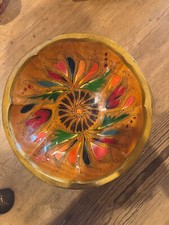Vintage Wooden Bowl Large 14  with Hand Painted Flowers Pattern    