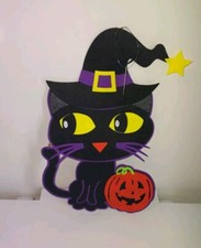 Halloween Hanging Black Cat w/Pumpkin Wall Decor Sign Felt Big Eyes Spooky New
