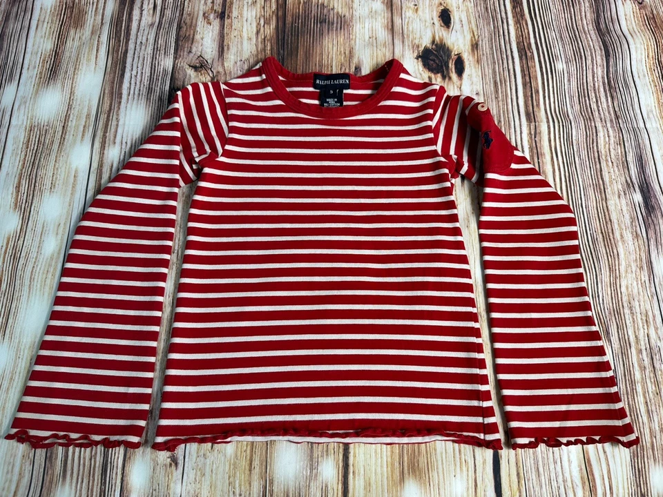 Ralph Lauren Niñas Talla 5 Rojo Blanco Rayas Manga Larga Camisa Top Bolsillo Azul Poni Foto 2 de 4