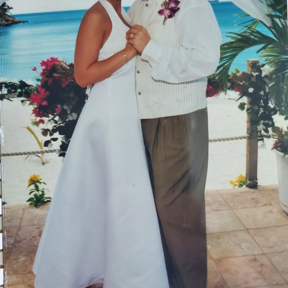 Vestido de novia Moonlight Bridal I vintage blanco halter línea A talla 10 con bolso Foto 2 de 4