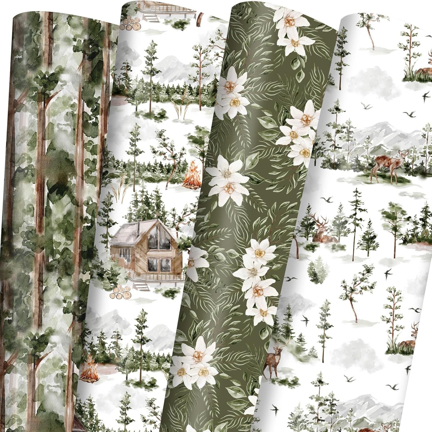 4 Watercolor Holiday Style Gift Wrap Paper Bulk Forest