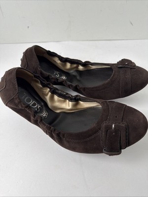 Tod s Women s Scrunch Ballet Flat Brown Suede Size 37/US 6.5-7