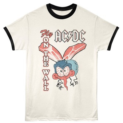 ACDC Mens Ringer T-Shirt FLY ON WALL  Rock Music Official New Vintage White