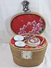 Antique Chinese Porcelain Teapot 2 Cups Set in Woven Rattan Basket, Early 20C