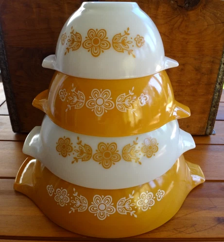 4 Pc.~Vtg. PYREX  Butterfly Gold Cinderella Mixing Bowls 441, 442, 443, 444, USA