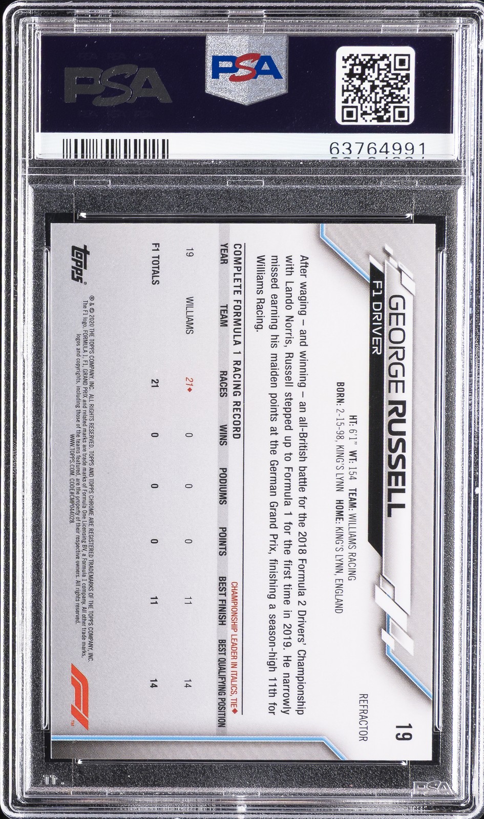 2020 TOPPS CHROME FORMULA 1 REFRACTOR #19 GEORGE RUSSELL PSA 9 view 2
