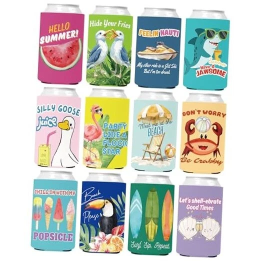 Beach Can Cooler Sleeves - 12 Pack Funny Tropical Beer Cozy Summer Gifts Yellow