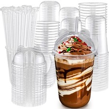 16oz 50 Set Disposable Plastic Cups with Dome Lids and Straws, Clear Iced Cof...