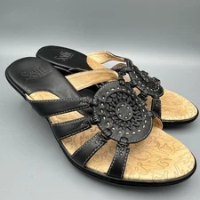 SOFFT WOMEN'S SLIDES SANDALS BLACK LEATHER CUTOUT WEDGE HEEL SLIP ON, 7M