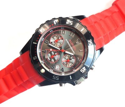 AURIOL Chronograph Men's Sport Watch Red Silicone Strap Seiko VD53B New Battery