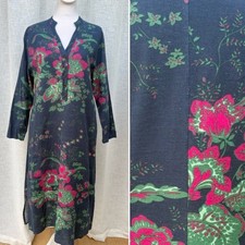 Vintage Japanese Long sleeve floral blue linen dress REPAIRED