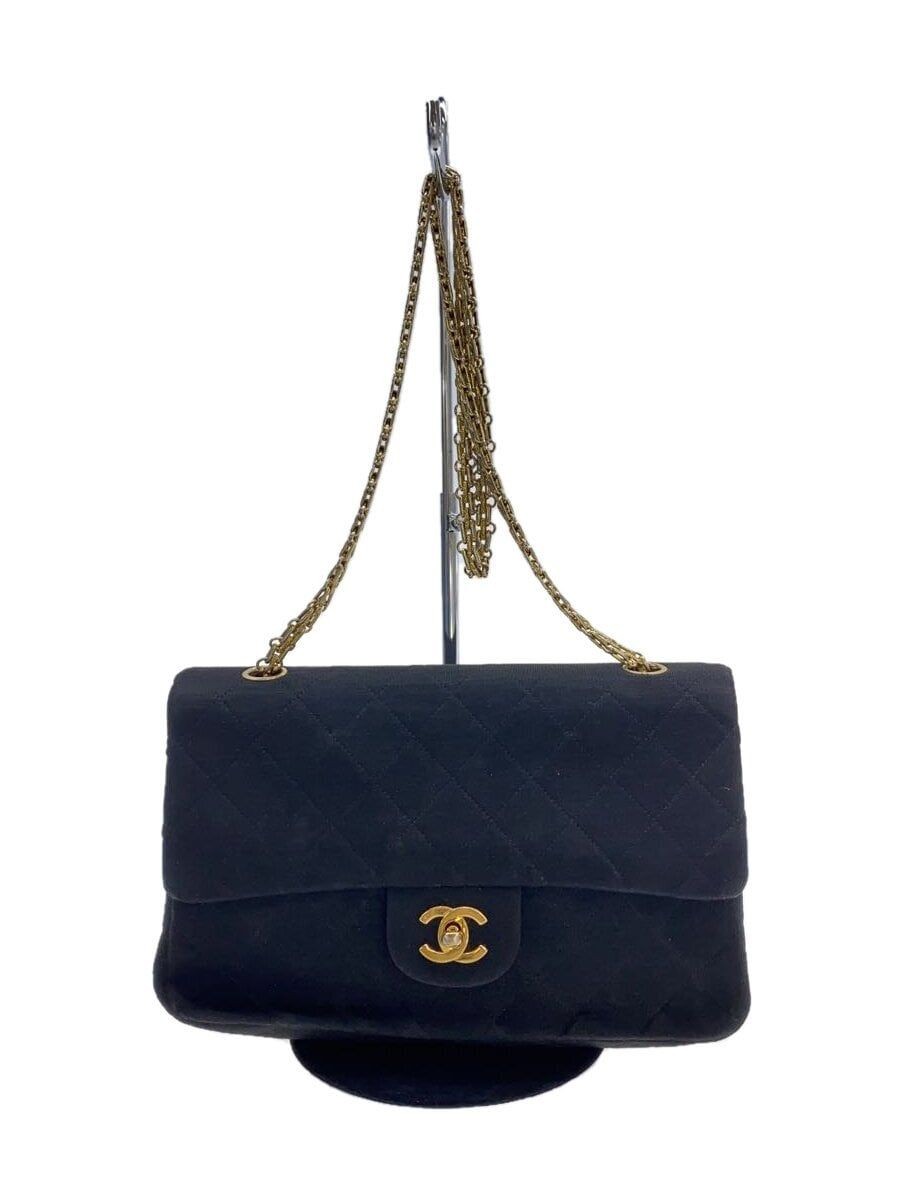CHANEL Shoulder Bag -- Black Solid Matelasse Chain Cotton Double Flap Used-image